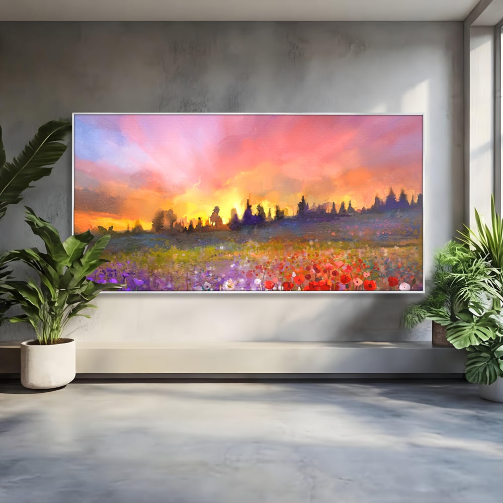 Tablou canvas cu tablou canvas cu camp cu flori si apus, in rama de aluminiu argintiu